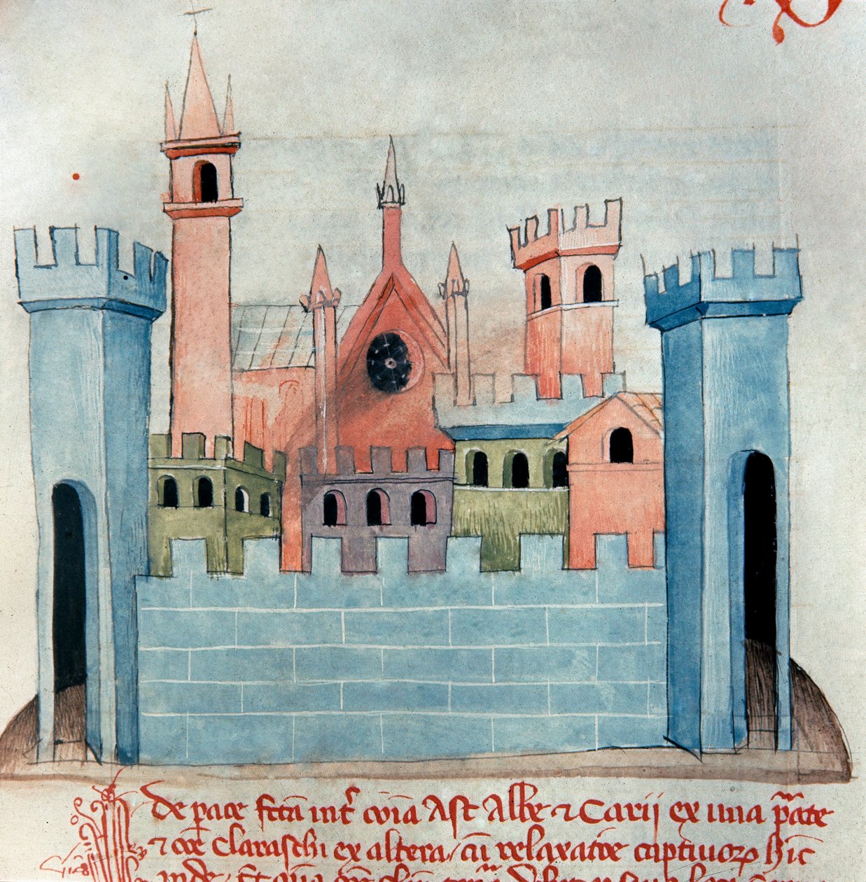 Cherasco városa (Querasque) Olaszországban, Piemont államban, Coni tartományban. A középkori város temploma és fala és erődtornya. Codex Astensis vagy Malabayla oldala. 13. századi miniatűr. Asti, Archivio Storico Comunale alkotó: Italian School