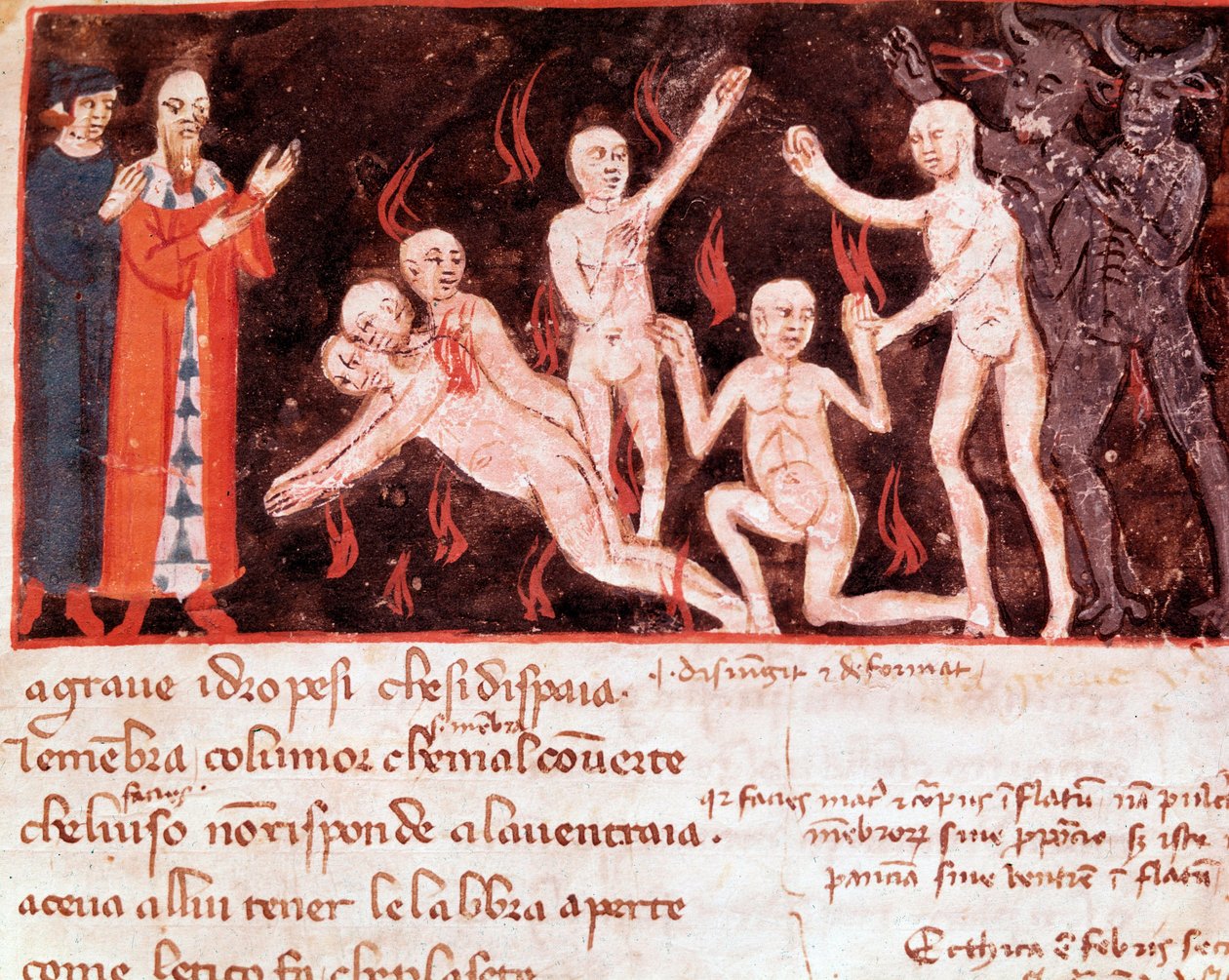 A hamisítók (30. ének a pokolból, az Isteni színjátékban) - miniatűr XIV. alkotó: Italian School