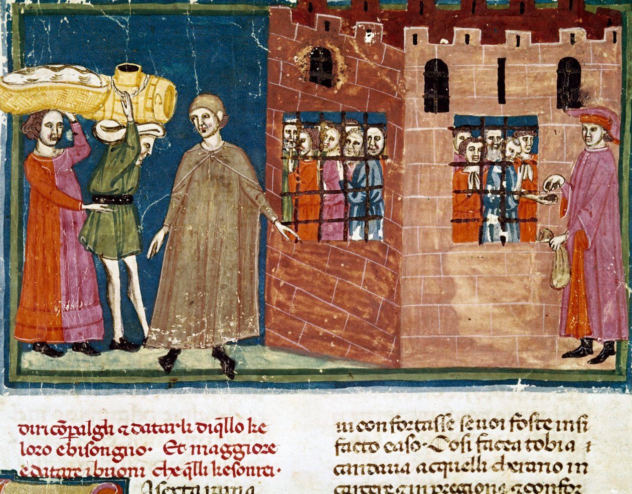 Ételek kiosztása a foglyoknak A firenzei iskola miniatűrje Ser Zucchero Bencivenni „Pater noster”-ének bővítményéből (MS.II.VI 16.) a 14. század elején Firenze, nemzeti könyvtár alkotó: Italian School