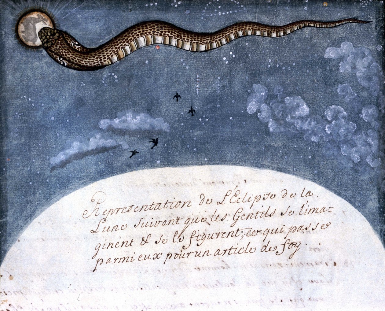 A mogol indiánok által elképzelt holdfogyatkozás (a holdat felfaló kígyó) Stefano Nivibus Cardeira „Mogol története” (Moghul vagy Moghol) kéziratából vett oldal (8300). 18. század. Bibloteca marciana, Velence alkotó: Italian School