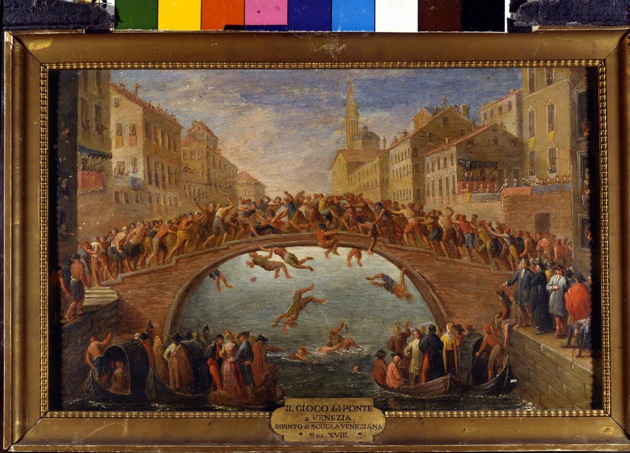 A híd játéka Velencével A pálcák csatája a Ponte Santa Foscán. A velencei iskola festménye. 18. század. alkotó: Italian School