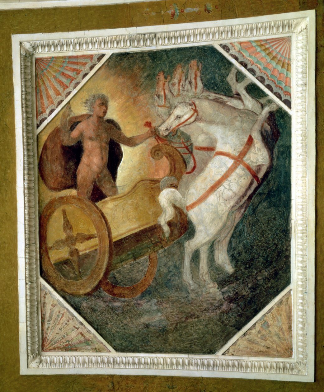 A Nymphaeum szintjén lévő terem, boltozatdísz részlete, mely Zeuszt ábrázolja, amint az Olümposzról alászáll a szekerén, valószínűleg Bartolomeo Ammannati (1511-92) kivitelezte (freskó) alkotó: Italian School