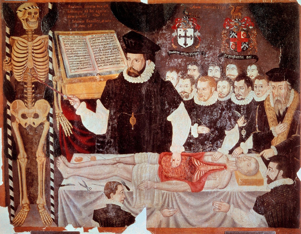 John Banister (1533-1610) anatómiai előadása a Barber Surgeons Hallban 1548-ban Matteo Realdo Colombo (Renaldus Columbus) (1516-1559) „De re anatonomica” frontispice festménye 1580. Paris, B.N. - John Banister (1533-1610) ana alkotó: Italian School
