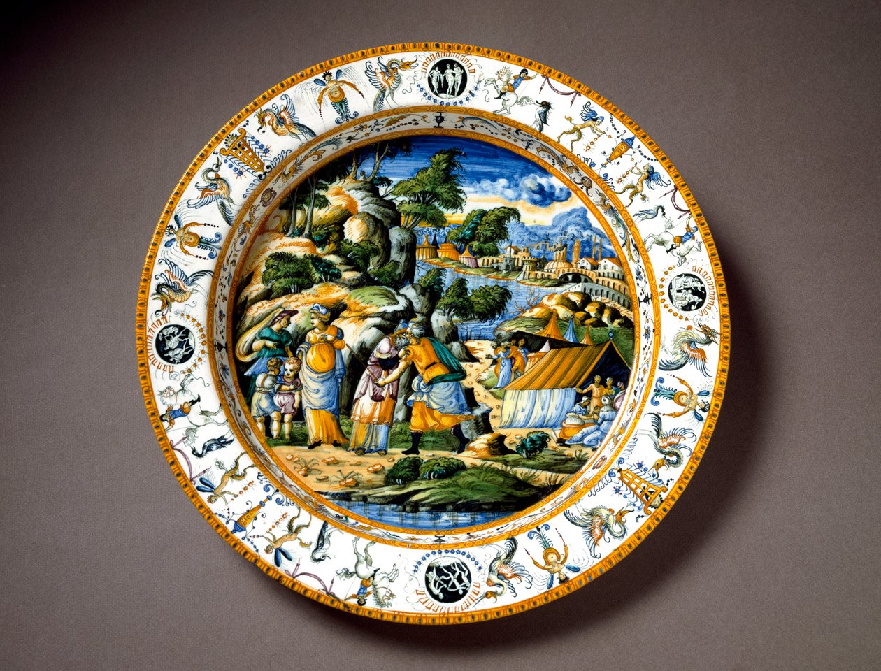 Aaron és Moise kerámialemezek találkozása Urbinóban, az olaszországi Fontana műhelyben. 1550 Firenze környékén, Museo Nazionale del Bargello - Áron és Mózes találkozása, kerámialap a Fontana műhelyből, Urbino, Olaszország. 1550 körül. Nationa alkotó: Italian School