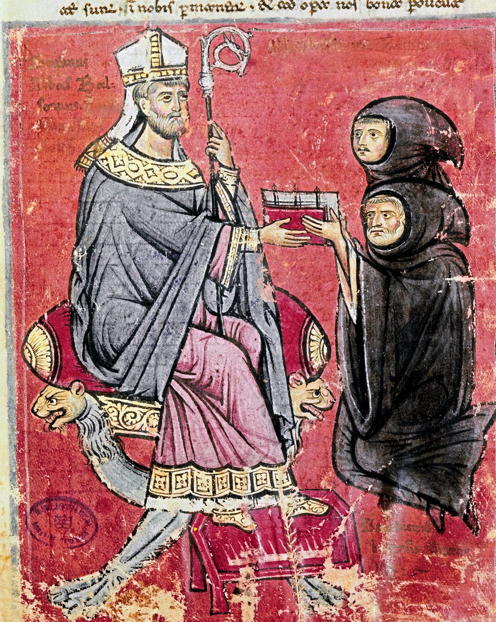 Benedetto da Bari szerzetes (a fiatalokat és az időseket képviseli, jelezve, hogy munkája megírása egész életét megviselte) átadta Balsamo apátnak (13. század), a cava de tirreni bencés apátság vezetőjének, a De Septem Sigillis kódexet Újra alkotó: Italian School