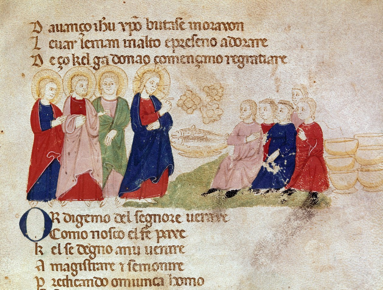 Kenyér és hal szaporítása Miniatűr a „Del novo e del vedre testamento”-ból, Pietro da Barsegape (13. század) 14. század Milánó, Biblioteca Braidense alkotó: Italian School