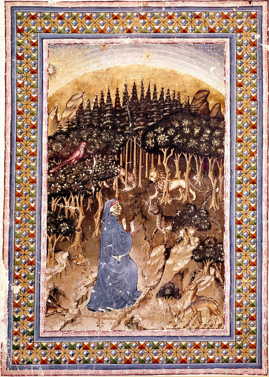 Dante költő egy sötét erdőben találja magát. A Pokol első dalának megvilágított oldala Dante Alighieri (1265-1321) „Divina Commedia” (Isteni színjáték) című művéből merít. Kézirat Ms. Conv. Soppr. 204 alkotó: Italian School