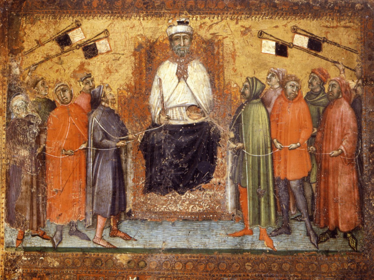 A helyreállított kormány kantárban tartja a polgárokat. Fatábla 1385-ből. Országos Levéltár, Siena. alkotó: Italian School