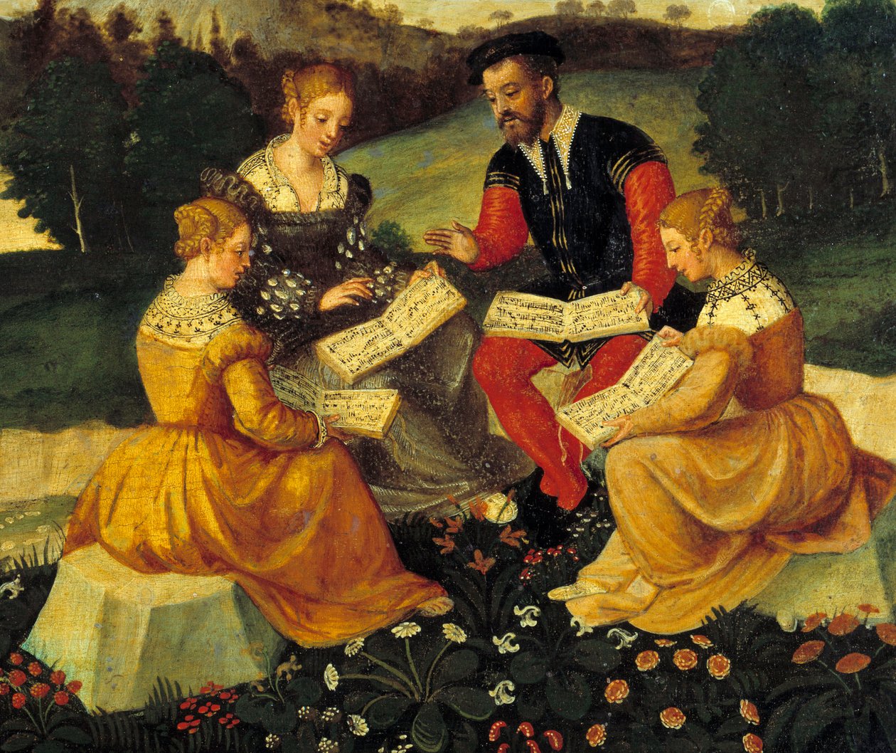 Az olasz iskola festészete című énekhangverseny. 16. század. Bourges, Hotel Lallemant – A bukolikus koncert. Az olasz iskola festménye. 16. század. Hotel Lallemant, Bourges, Franciaország alkotó: Italian School