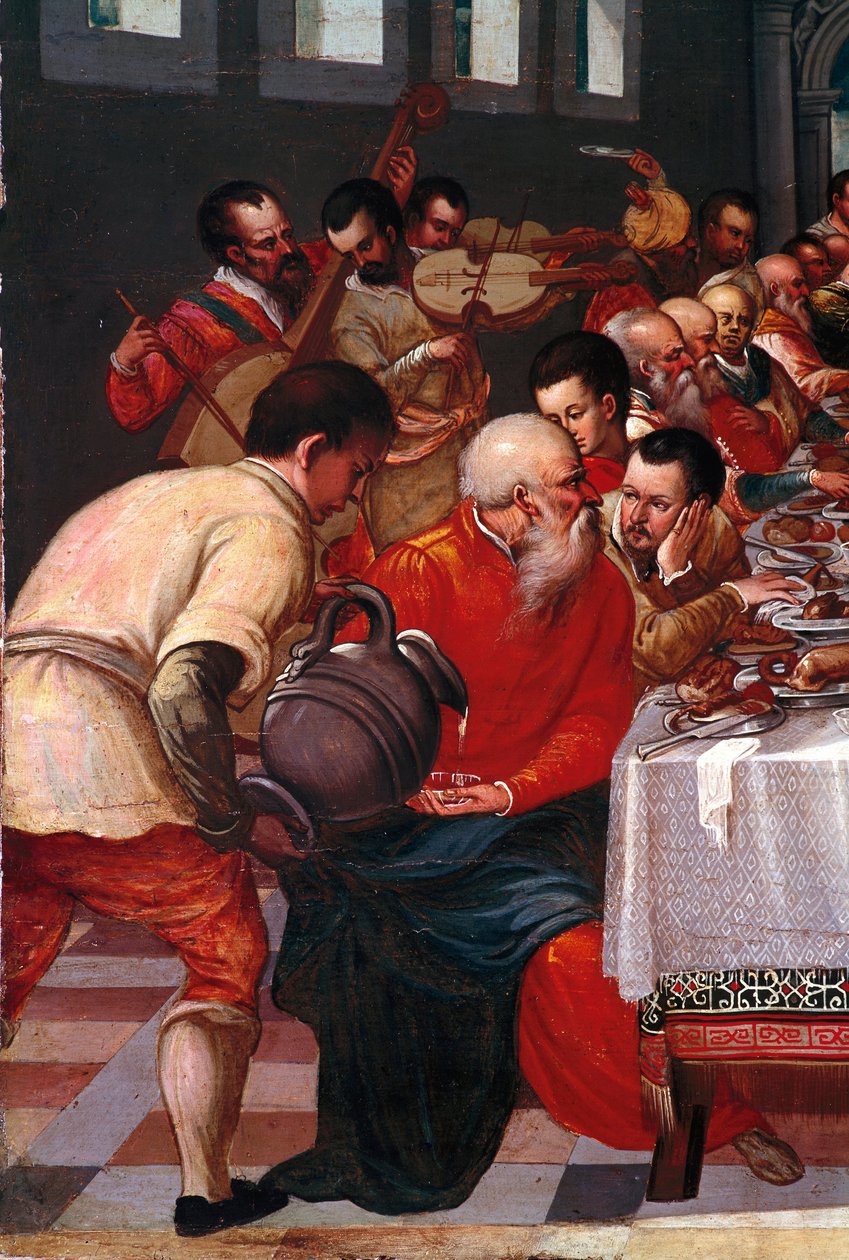 Cana Detail esküvője. A velencei iskola névtelen festménye. 16. századi V. 85x118 cm-es véna, Correr múzeum alkotó: Italian School
