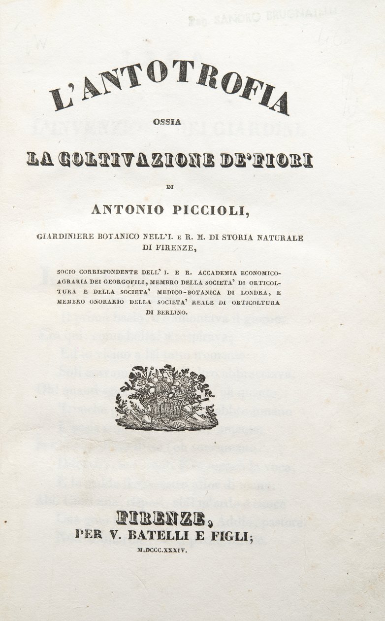 Címlap, Antonio Piccioli Antotrófiájából Avagy Virágtermesztésből, Pub. 1834 (metszet) alkotó: Italian School