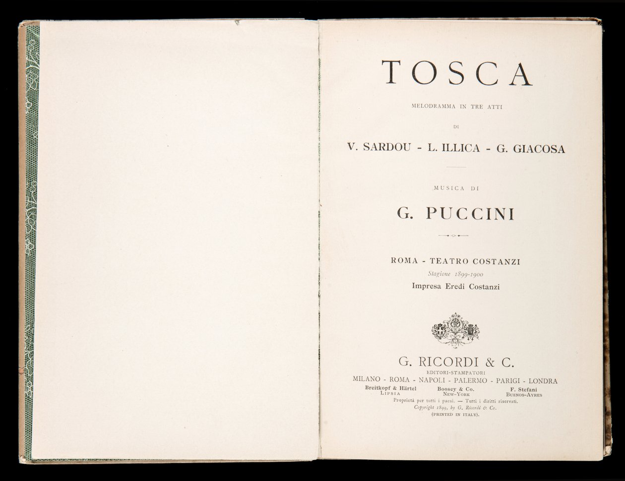Címlap, Libretto della Tosca, szerző: Giacomo Puccini, Ricordi Edition, Olaszország alkotó: Italian School
