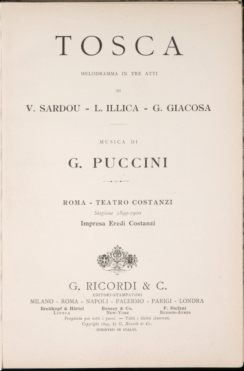 Címlap, Libretto della Tosca, szerző: Giacomo Puccini, Ricordi Edition, Olaszország alkotó: Italian School