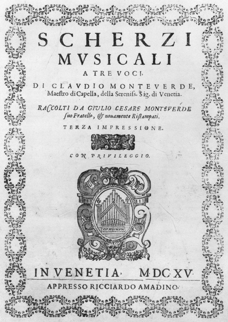 Claudio Monteverdi (1567-1643) Scherzi Musicali című művének címlapja 1615 alkotó: Italian School