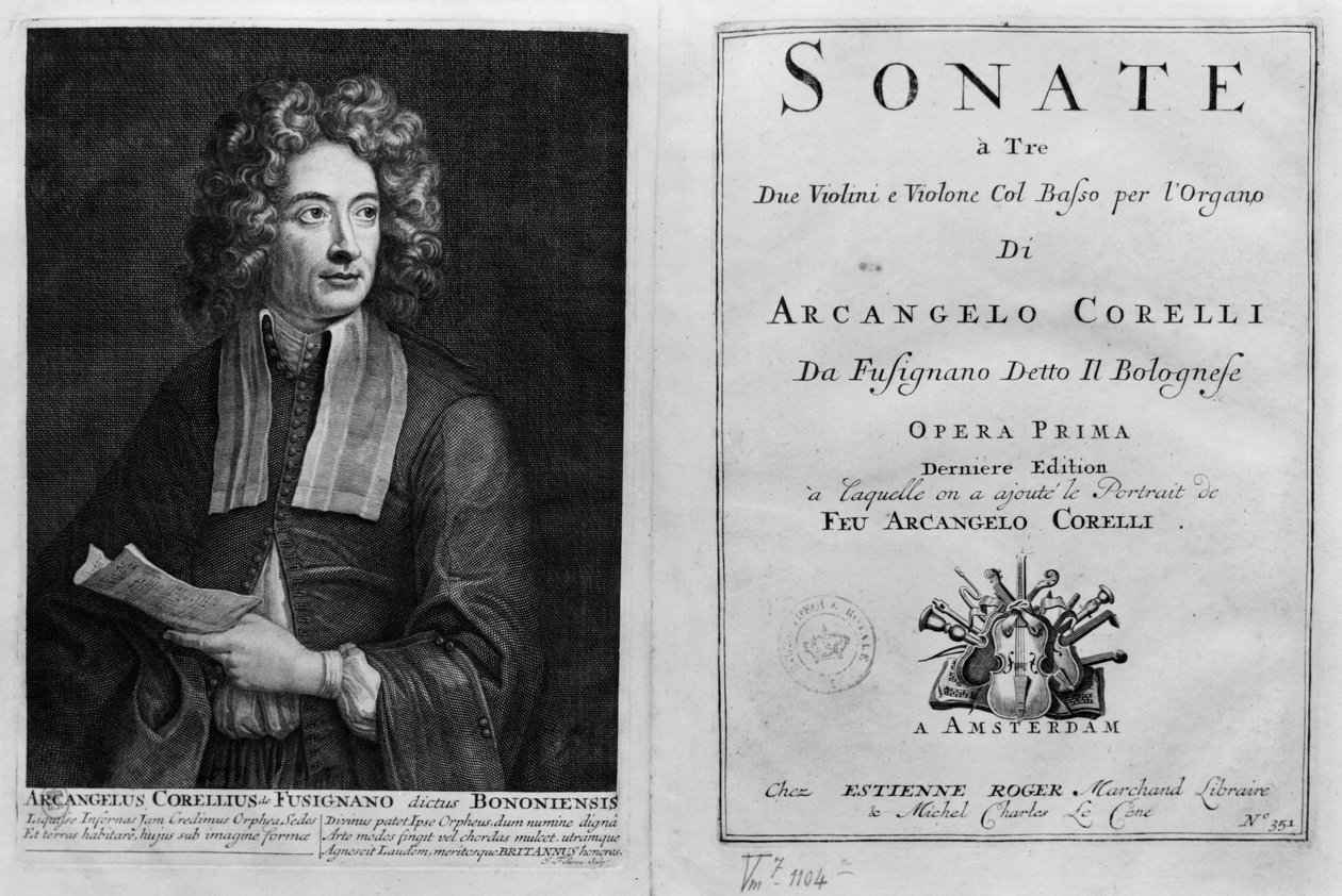A Sonate a Tre címlapja Arcangelo Corelli (1653-1713) portréjával alkotó: Italian School