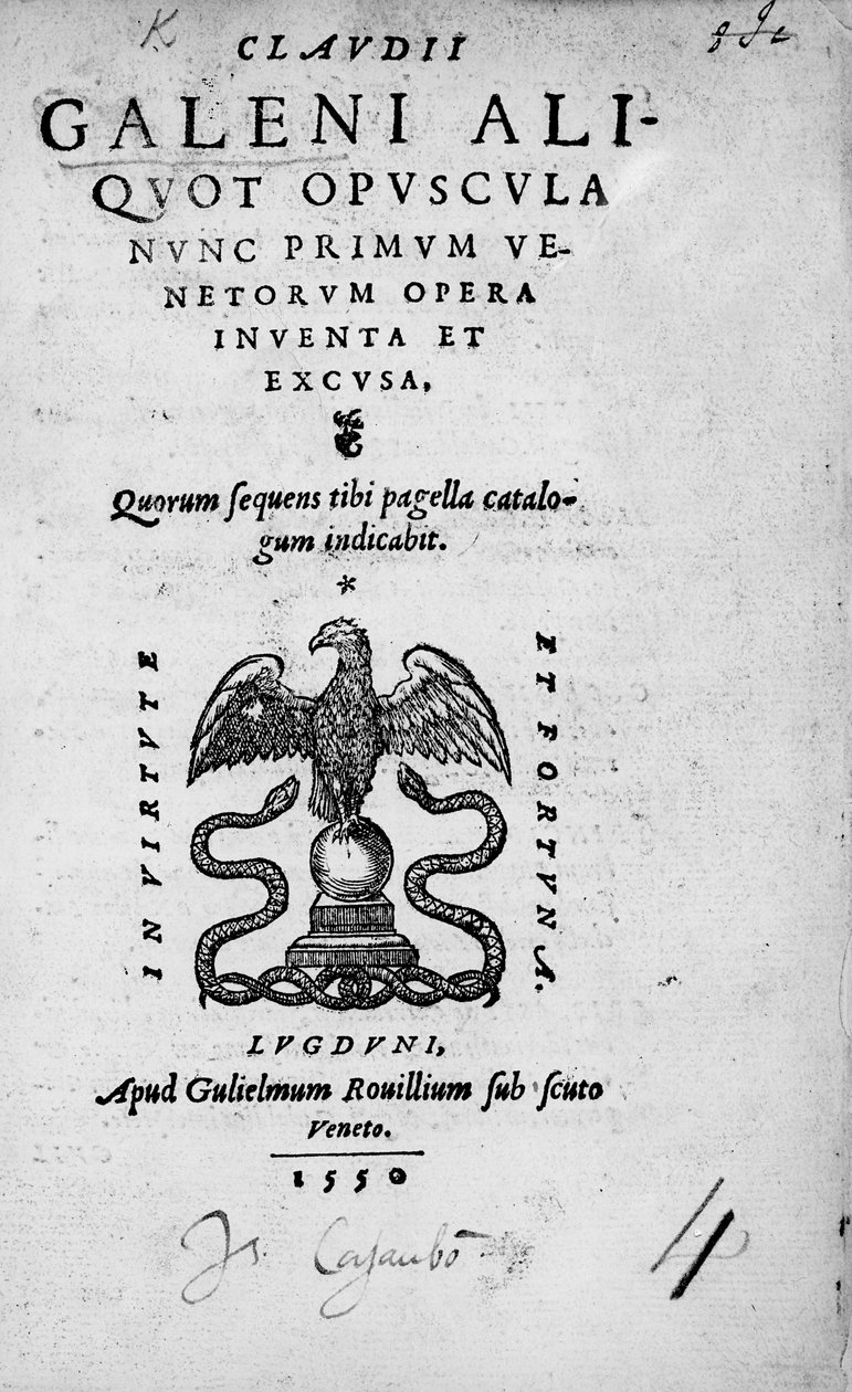 Címlap Claudius Galenhez: Claudius Galen műveinek gyűjteménye, 1550-ben megjelent (nyomtatott) alkotó: Italian School