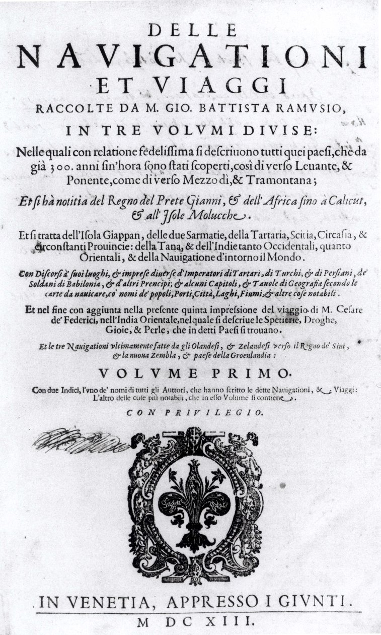 Giovanni Ramusio (1485-1557) Delle Navigationi et Viaggi I. kötetének címlapja, 1613. alkotó: Italian School