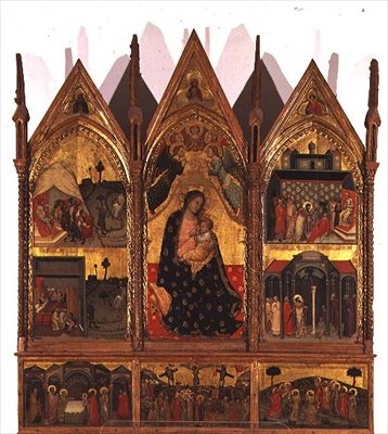 Triptichon: Madonna és a trónoló gyermek Szent Bertalan életéből vett jelenetekkel, Krisztus életének jeleneteinek predella paneljével, a márciusok iskolája alkotó: Italian School