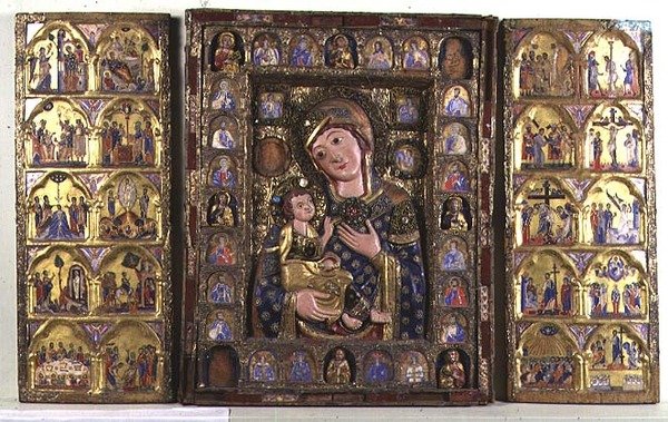 Madonna és gyermek triptichonja evangélistákkal, prófétákkal és Krisztus életének jeleneteivel (fa, ezüst filigrán és zománc) alkotó: Italian School