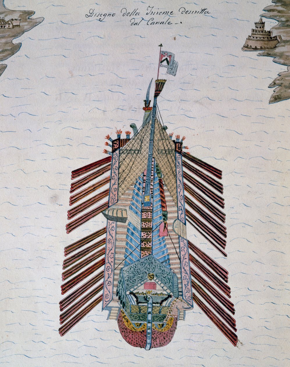 Trireme (hajó három evezőparttal), a tengeri milíciáról szóló értekezésből, a Cristoforo-csatorna mellett (1510-1562), Olaszország alkotó: Italian School
