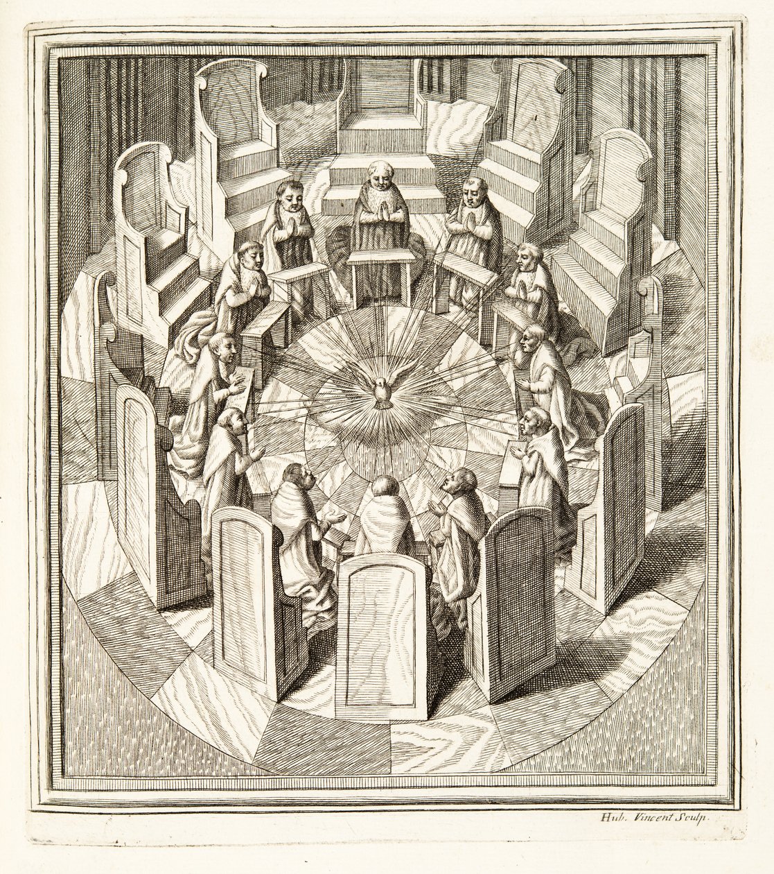 Tizenkét Rota bíró imádkozik a Szentlelket körülvevő kör alakú teremben, kocsma. 1717 (metszet) alkotó: Italian School