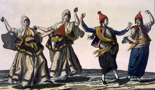 Két női és két férfi táncos, 62. tábla "A nemzetek története" I. kötetének III. részéből, V. Raineri metszete (aquatinta). alkotó: Italian School