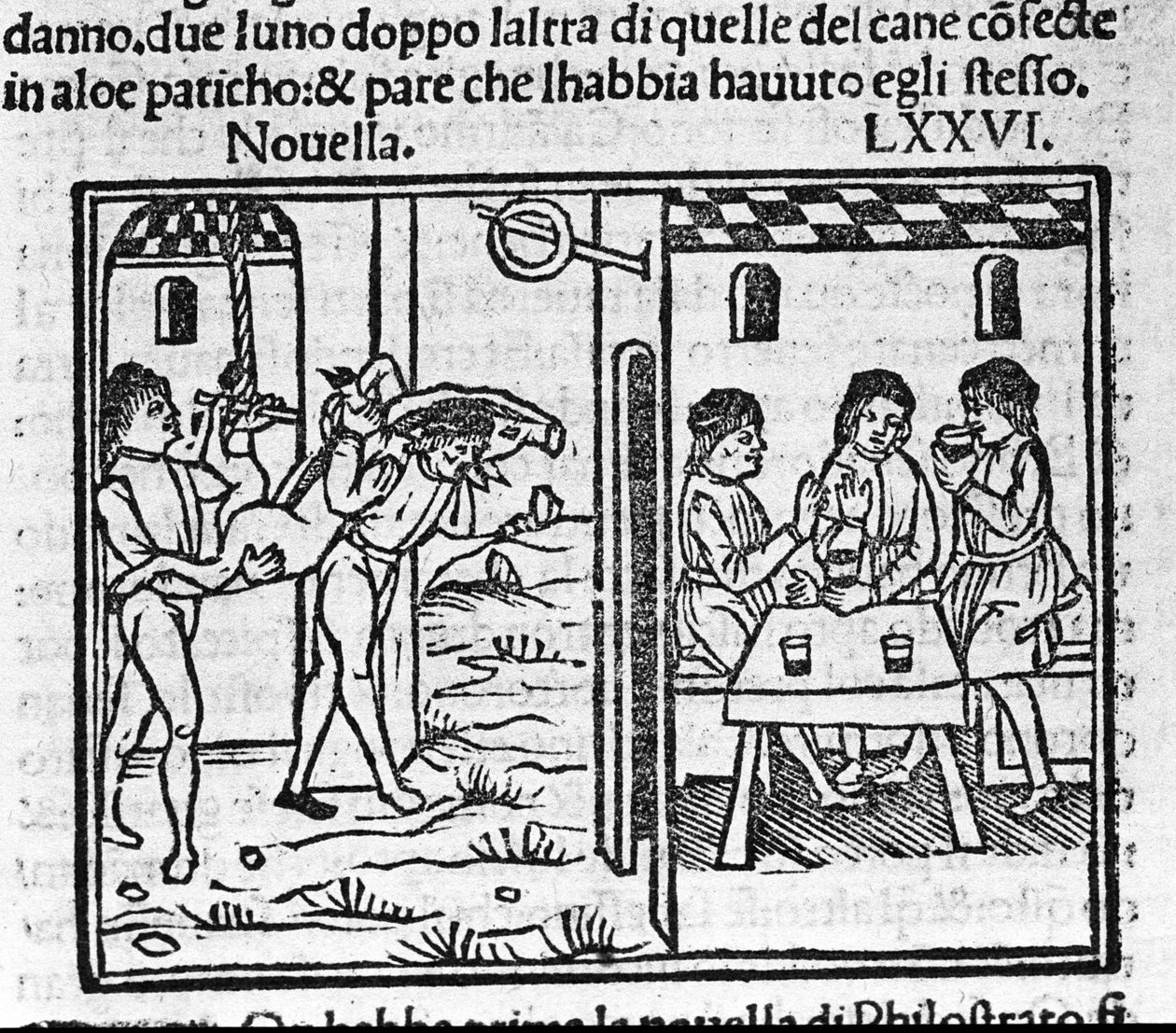 Két férfi disznót cipel a vállukon. Illusztráció a „Dekameron” 76. híréhez (a nyolcadik nap új 6. számához), Giovanni Boccaccio dit Jean Boccaccio (1313-1375) olasz írótól. Metszet: „" Decamerone ouer Cento nouelle"" Velence, Bartolomeo de alkotó: Italian School