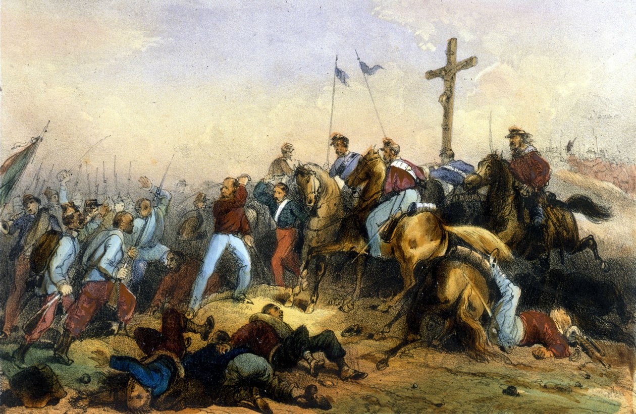 Olaszország egyesülése: Milazzo-i csata Szicíliában, 1860.07.20. Giuseppe Garibaldi Ezrese legyőzte Francois II. 19. század végi litográfia alkotó: Italian School