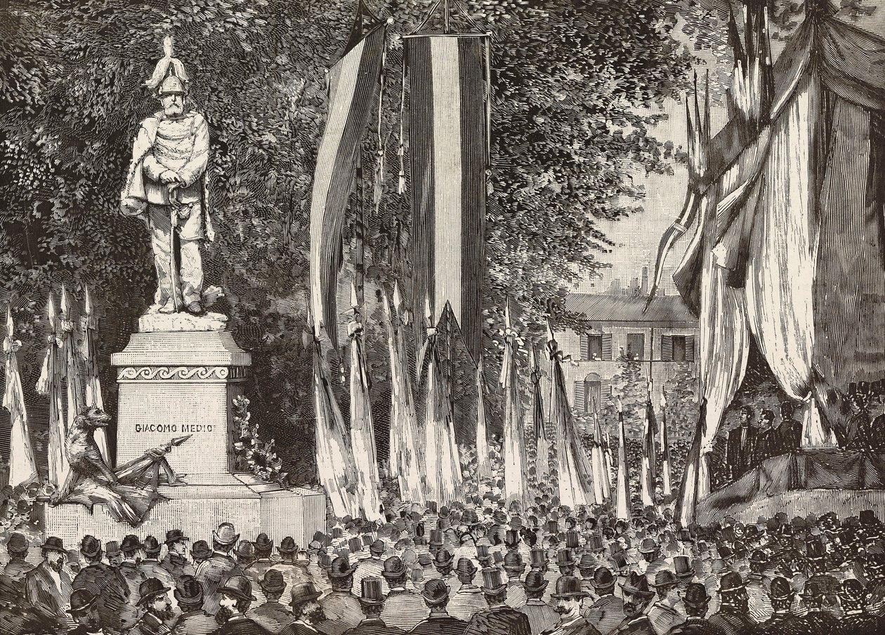 Giacomo Medici tábornok emlékművének leleplezése, Milánó, Olaszország, metszet Edoardo Ximenes rajzából Rossi fényképéről, L