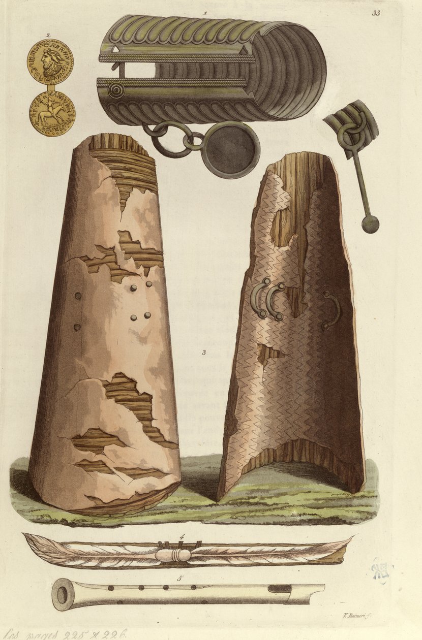 Különféle viking műtárgyak: bronz karkötő, aranyérem rovásírásos ábécével, pajzsok, furulyák. V. Raineri illusztrációja a „Le costume ancien ou moderne” című művéből J. Ferrario, Milano, c. 1820 (színes litó) alkotó: Italian School