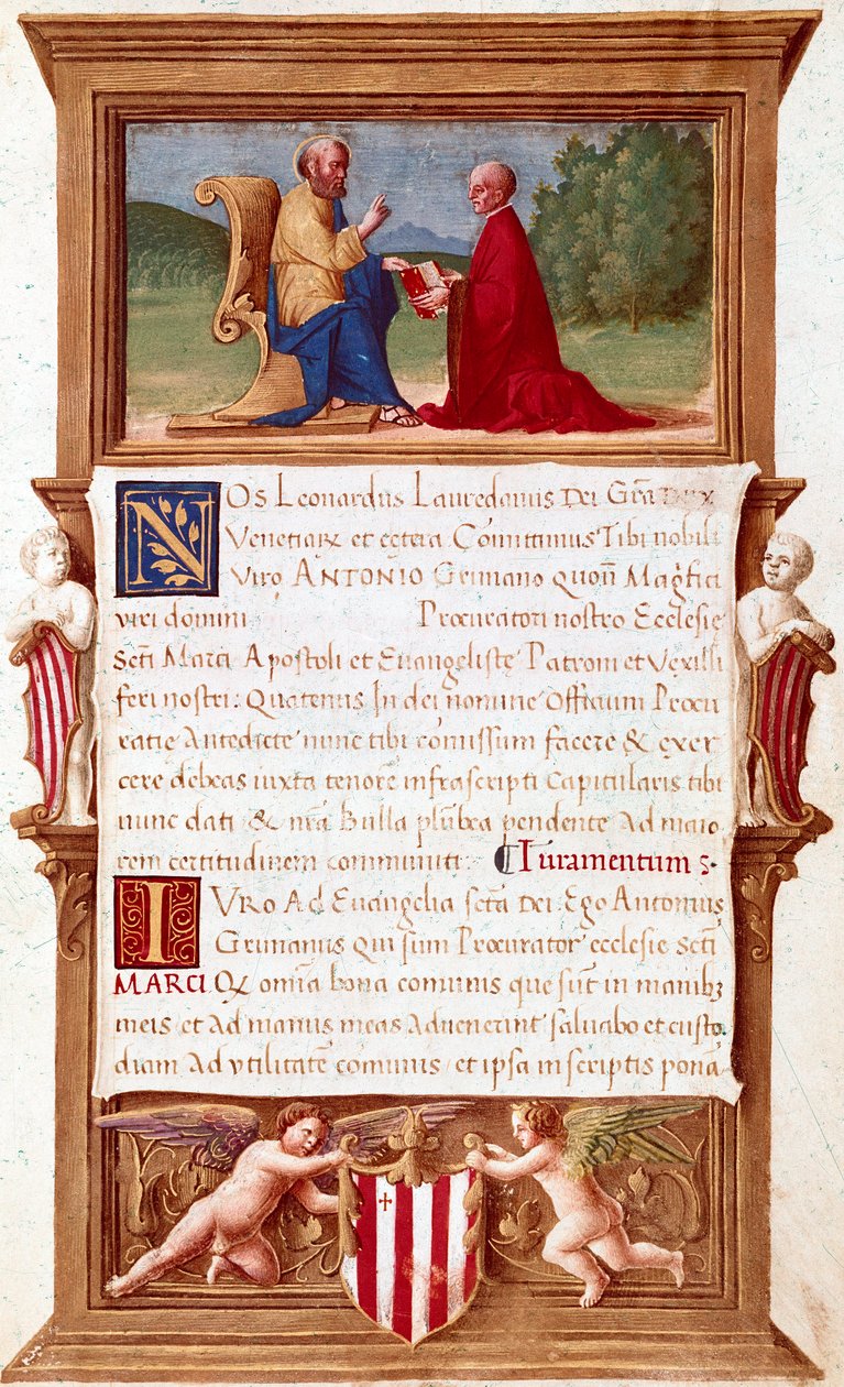 Velence: Antonio Grimani dózse (1434-1523), San Marco (Szent Márk) ügyészének bizottsága 16. századi kéziratoldal. Velence, Museo Correr alkotó: Italian School