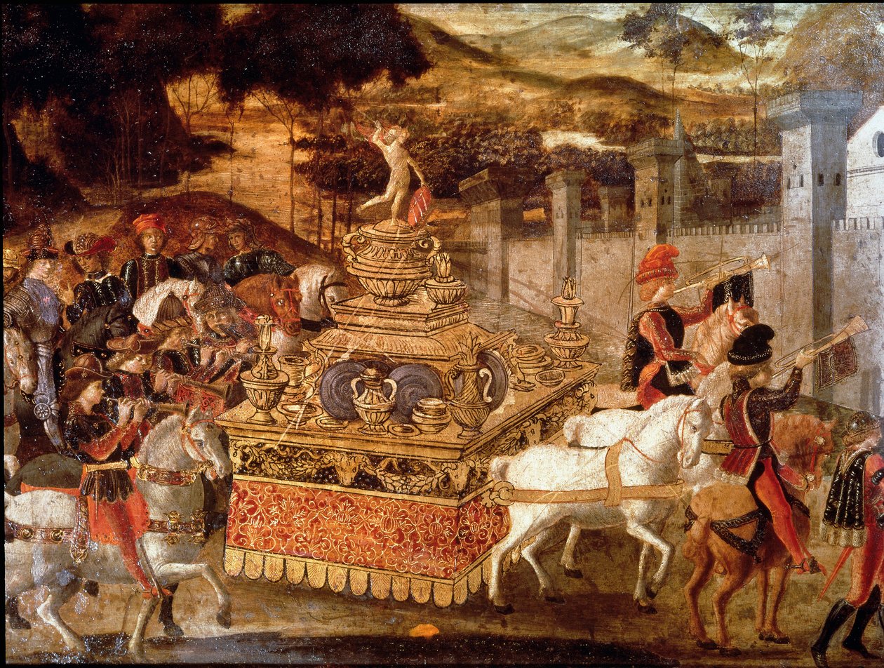 Lucius Aemilius Paullus vagy Paul Emile makedón győzelme (kb. i. e. 230-160) Persee macedón király felett A körmenet és a diadalszekér részlete. A 15. századi firenzei iskola festménye. Párizs, Musee Jacquemart Andre alkotó: Italian School