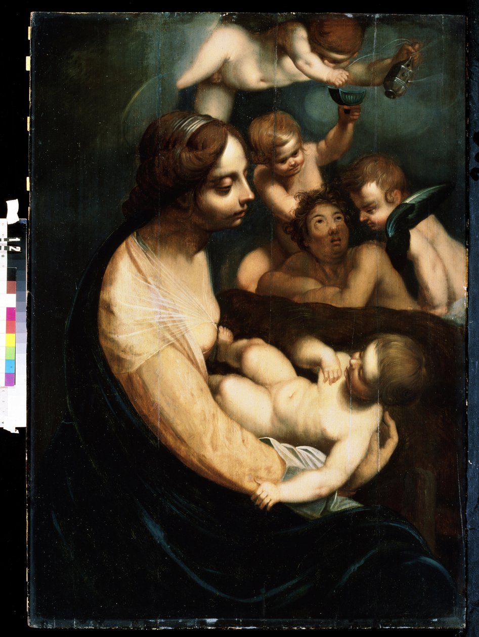 "Madonna And Child And Angels" (Szűz és gyermek angyalokkal) Olasz festészet a 17. század elejétől. Mikhail Kroshitsky Művészeti Múzeum, Szevasztopol (Szevasztopol) Ukrajna alkotó: Italian School
