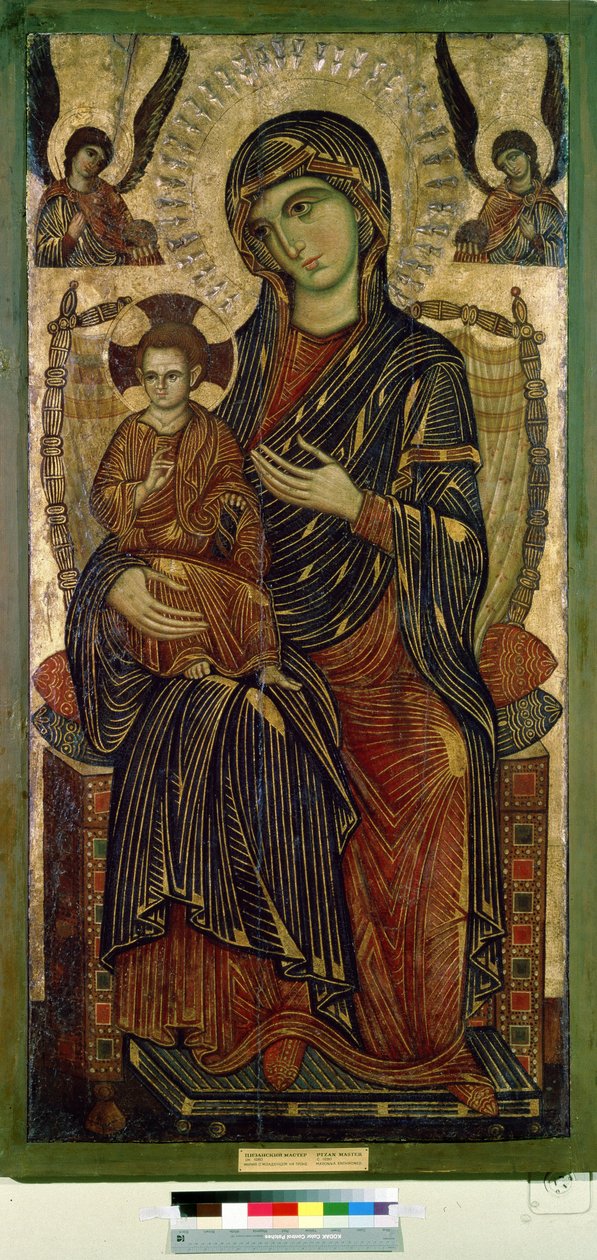 "Madonna és gyermek a trónon" (Szűz és gyermek trónol) Jézus Krisztus glóriáját kereszt jelzi. Névtelen festmény egy pisai művésztől. Tempera fán. 1280 körül Puskin Múzeum, Moszkva alkotó: Italian School