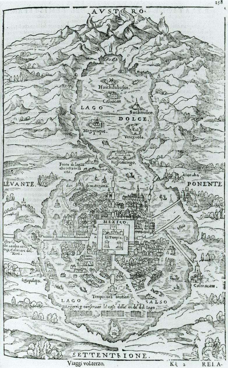 Kilátás az azték Tenochtitlan város északi felőli oldaláról, Giovanni Battista Ramusio (1485-1557) 1606-ban Velencében megjelent Relatione della Citta del Temistitanból alkotó: Italian School