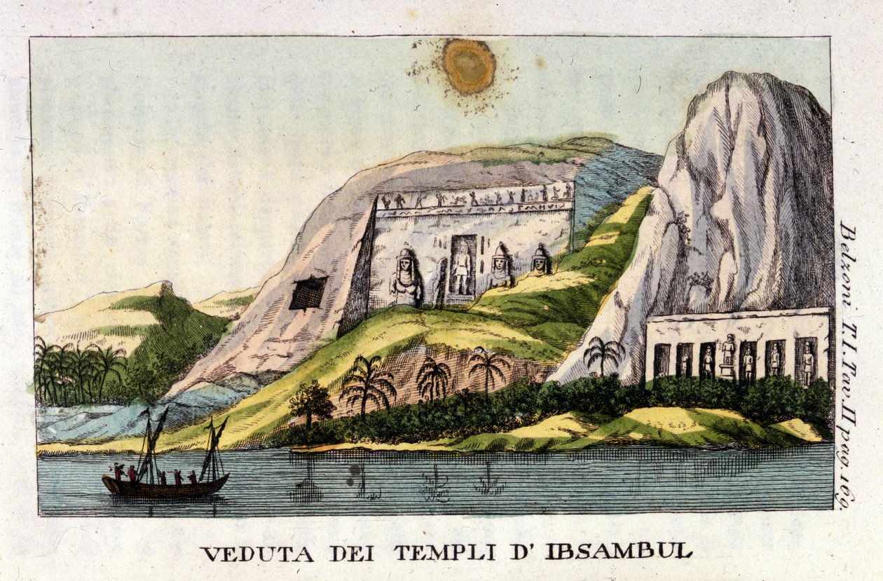 Kilátás az Abu Simbel templomra. A szerző Giovanni Battista (Gianbattista) Belzoni (1778-1823), olasz felfedező és régész, fontos régészeti felfedezéseket tett Egyiptomban. Metszet - a „Viaggio in Egitto e in Nubia”-ban, Belzoni, Milánó alkotó: Italian School