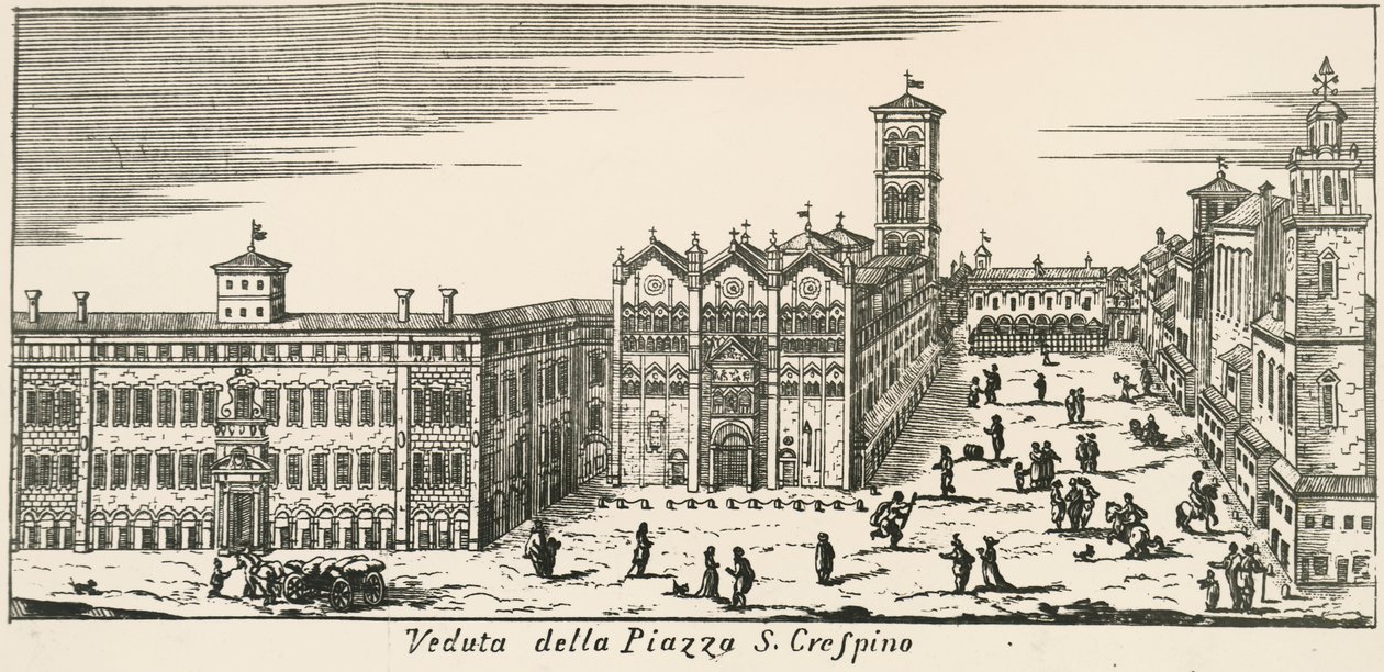 Kilátás a Piazza San Crispinóra és a ferrarai katedrálisra, metszet, Olaszország alkotó: Italian School