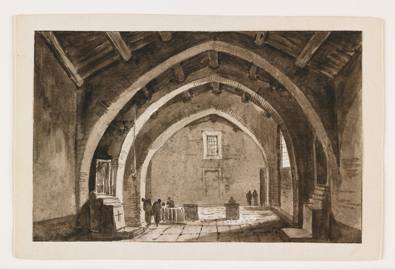 Kilátás egy templombelsőre, 19. század eleje (toll és barna tinta és mosás fekete krétával) alkotó: Italian School