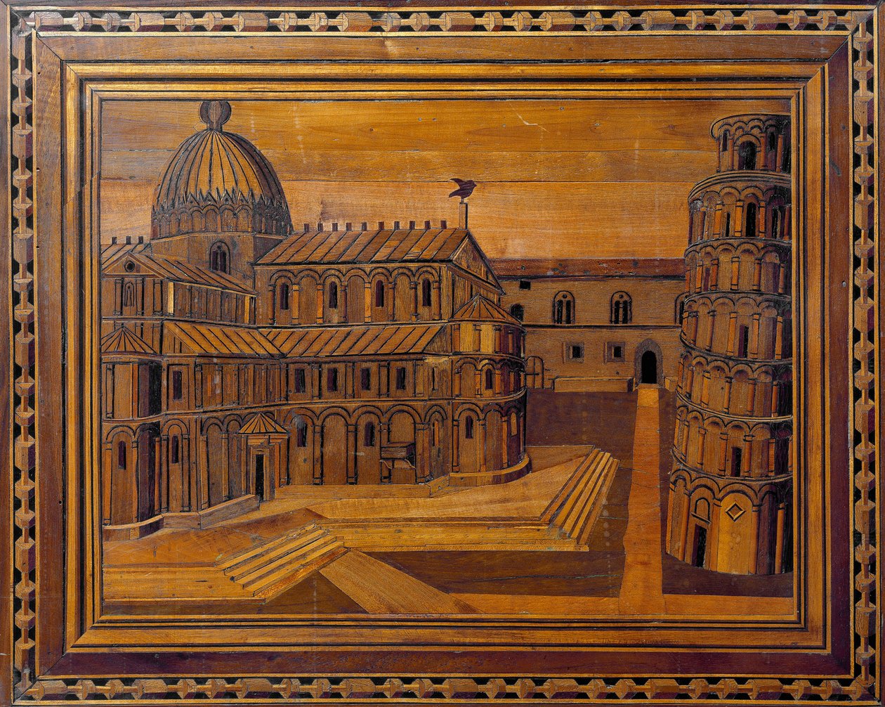 Kilátás a pisai katedrálisra (Duomo di Santa Maria Assunta di Pisa) és a ferde toronyra (Torre medál) a Csoda téren (Piazza dei Miracoli) 15. századi intarzia. A pisai székesegyház presbitériumában őrizték alkotó: Italian School