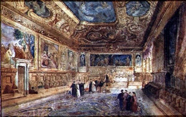Kilátás a velencei Dózse-palota belsejére, 1840 körül (akvarell pergamen) alkotó: Italian School