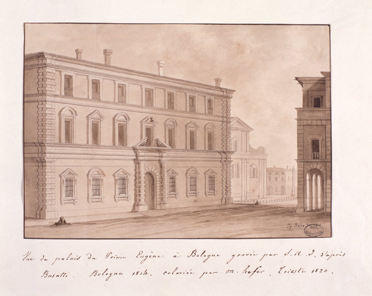 Jenő herceg bolognai palotájának képe, S.A.I. metszet. Busatti után alkotó: Italian School