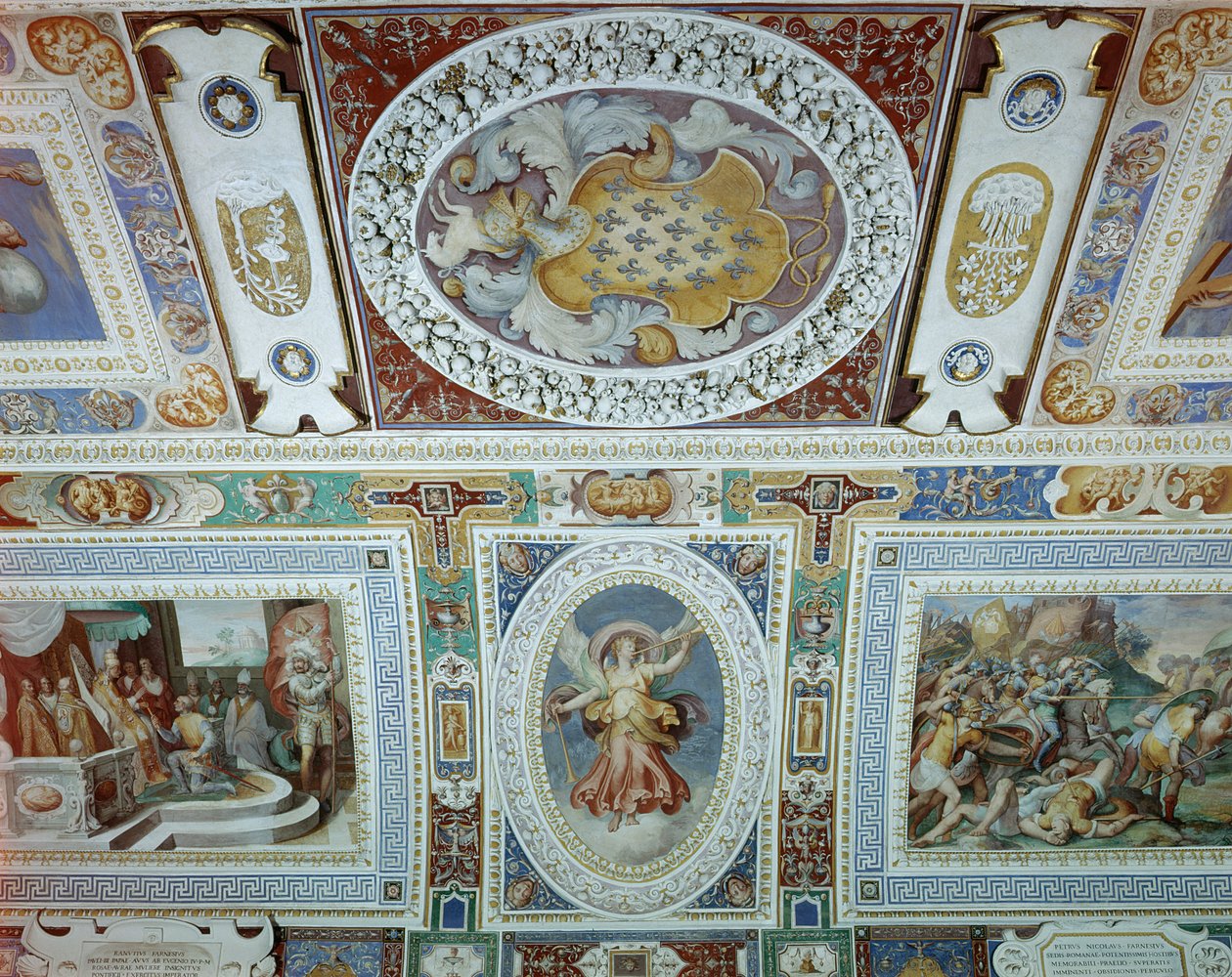 Kilátás a Sala dei Fasti Farnese-ra (A Farnese tündöklésének csarnoka), amelyet Onofrio Panvinio tervezett, és freskóit Taddeo (1529-66) és Federico Zuccaro (1540-1609) 1557-83 (részlet) alkotó: Italian School