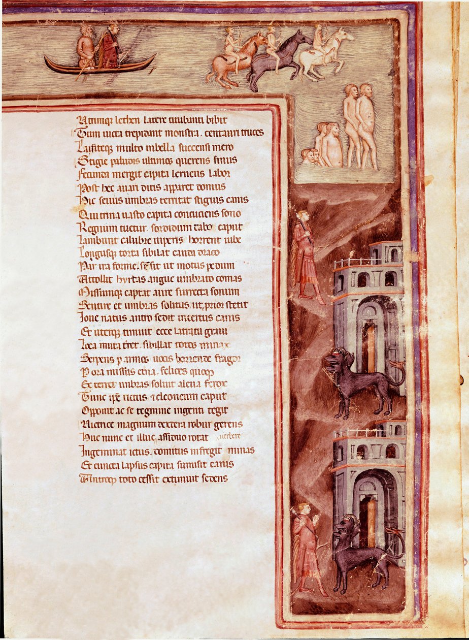 Kilátás az alvilágra, karakterek és szörnyek, illusztráció a Furious Herculeshez, Seneque (miniatűr) alkotó: Italian School