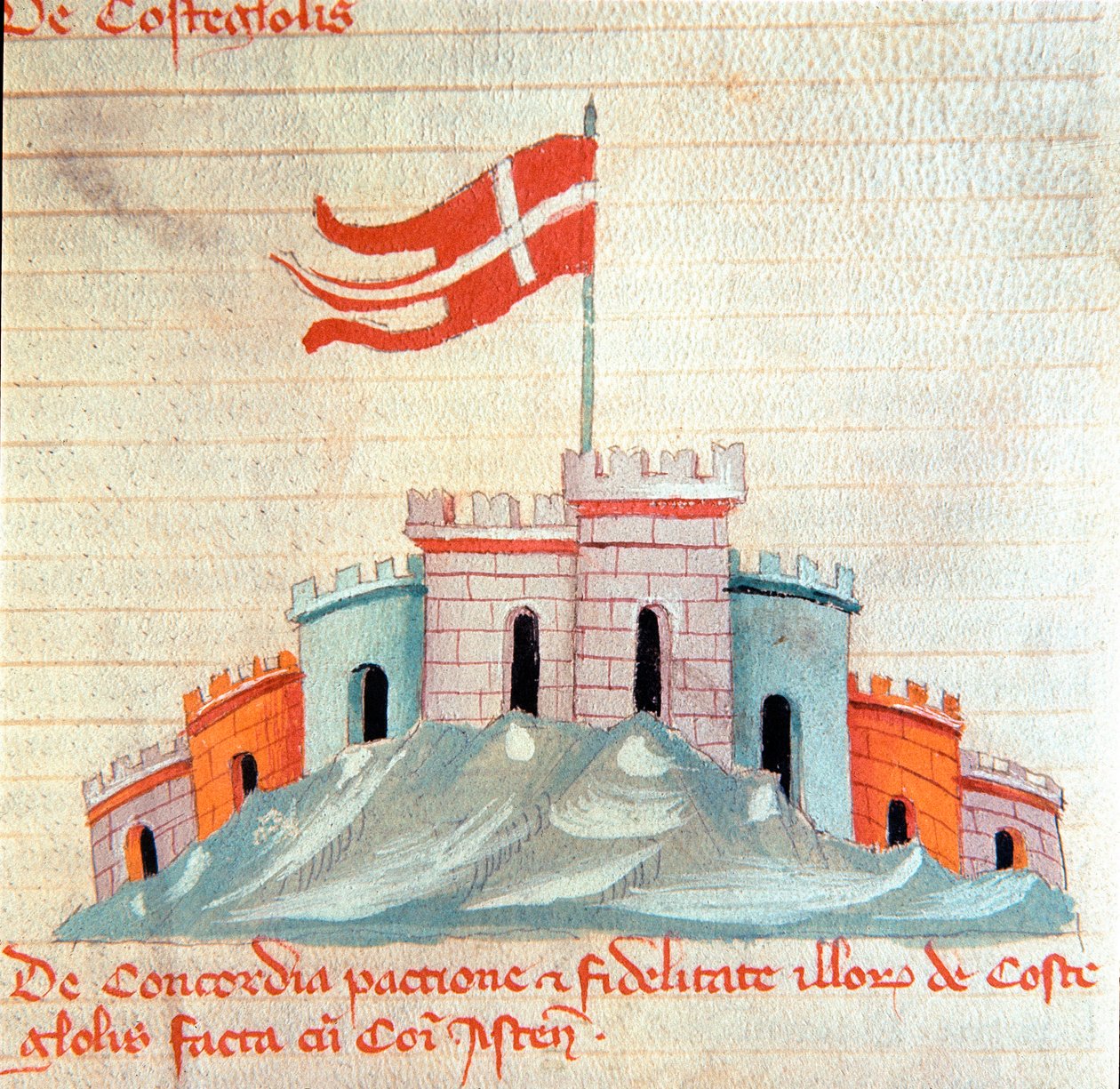 Castiglione kastélyának kilátása Toszkánában Miniatűr „” Codex Astensis” (vagy Malabayla), Asti város krónikái 1065 és 1353 között. 14. század. Őrizze Asti polgármesterében alkotó: Italian School