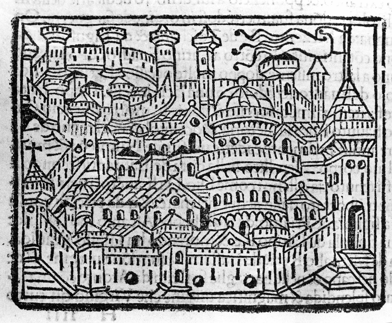 Kilátás az olaszországi Aosta városára. Fra Jacopo Filippo Foresti, velencei metszet a krónikák „mellékletébe” alkotó: Italian School