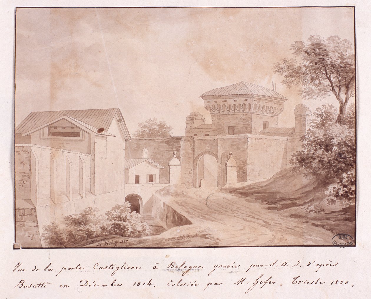 Kilátás a bolognai Castiglione kapujára, S.A.I. metszet. Busatti után, 1814. december (színes metszet) alkotó: Italian School