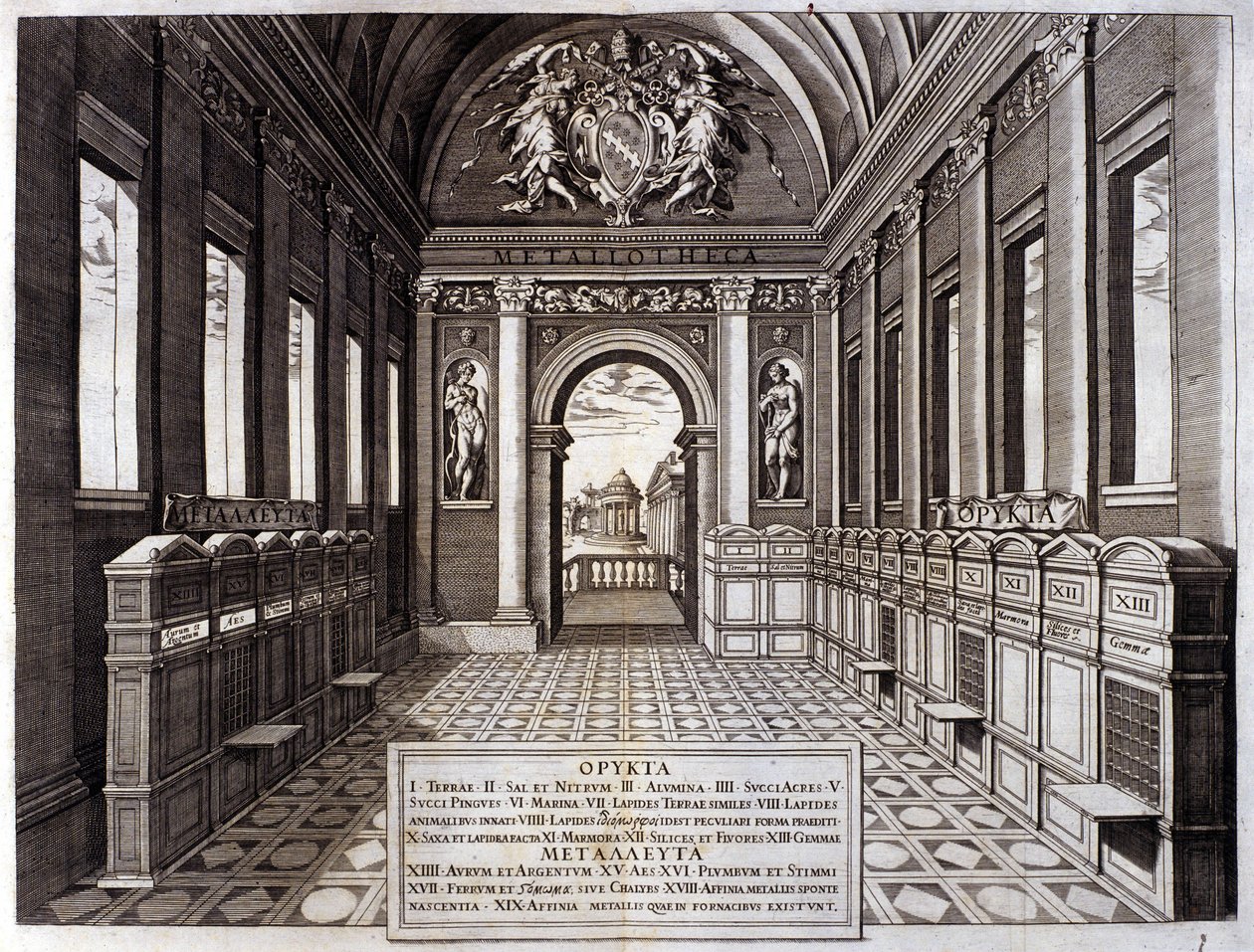 Michele Mercati (1541-1595), a Vatikáni Botanikus Kert gondnoka múzeumának kilátása. Metszet a „Metallotheca...” Rómától 1717-1719 alkotó: Italian School