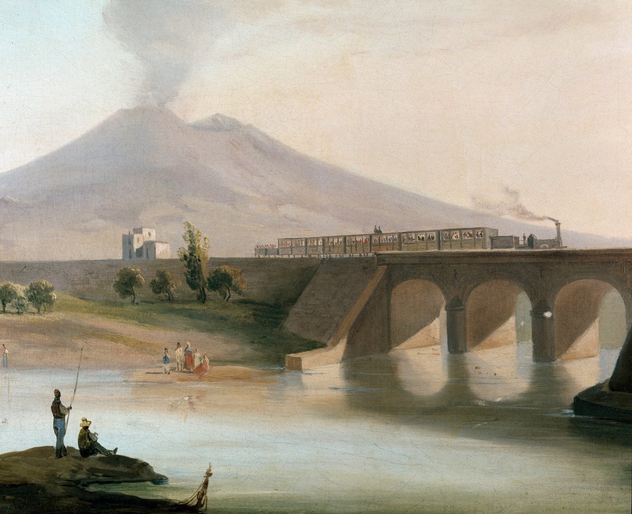 Az 1844-ben felavatott nápolyi Torre Annunziata és Nocera közötti vasútvonal látképe, a háttérben a Vezúv látható (Nápoly melletti Torre Annunziata és Nocera közötti vasútvonal látképe) - A 19. századi Museo Nazio festménye alkotó: Italian School
