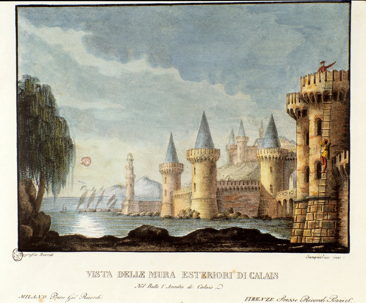 „Calais sáncainak kilátása 1347-ben a százéves háború idején”, díszlet Gaetano Donizetti „Assedio di Calais” (Calais ostroma) című operájához alkotó: Italian School