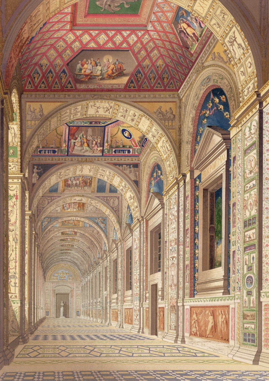 Kilátás a második emeleti loggiára a Vatikánban, Raphael díszítésével, a Delle Loggie di Rafaele nel Vaticano-ból, 1814-es kiadásban ömlesztett levélként (kézzel színezett metszet) alkotó: Italian School
